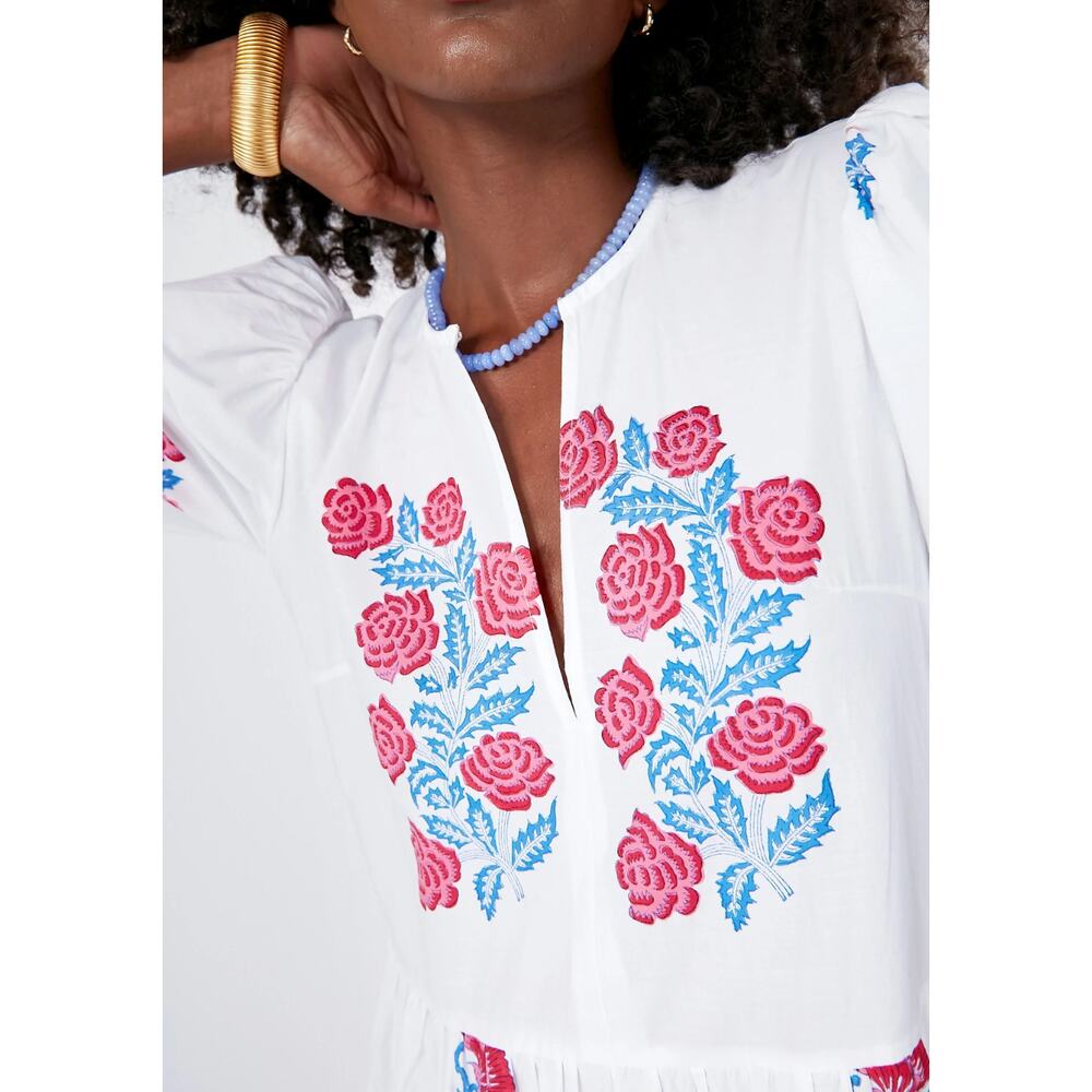 OLIPHANT Tuckernuck Pink Blue Block Print Grandiflora Puff Sleeve Maxi Dress XL - Picture 5 of 11